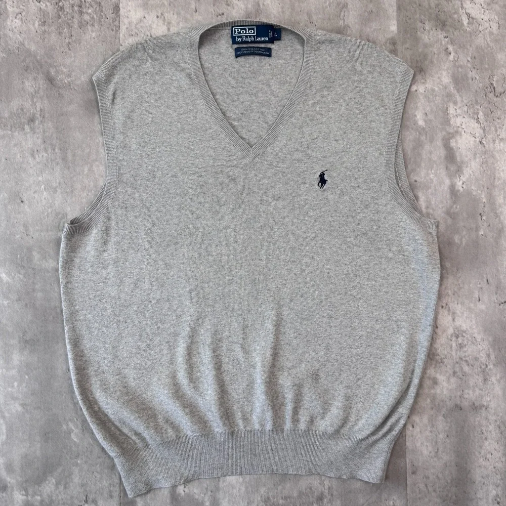 Vintage Polo Ralph Lauren Sweater Vest Mens Large Gray Pima Cotton Pullover Prep